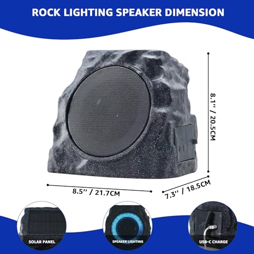 uuffoo 2-Pack Solar Powered Rock Speakers Outdoor Water-Resistant IP44 Rock Speaker with Lights RGB Colors and USB Charging for Patio Pool Party Yard Garden Outside