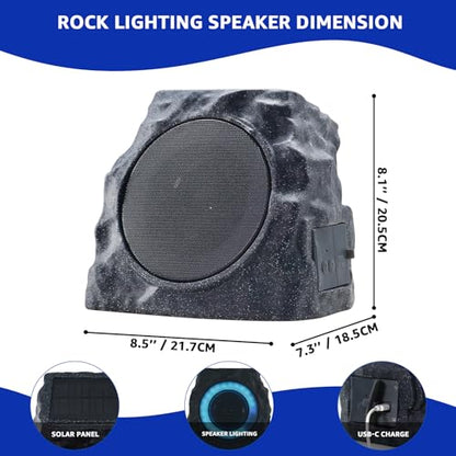 uuffoo 2-Pack Solar Powered Rock Speakers Outdoor Water-Resistant IP44 Rock Speaker with Lights RGB Colors and USB Charging for Patio Pool Party Yard Garden Outside