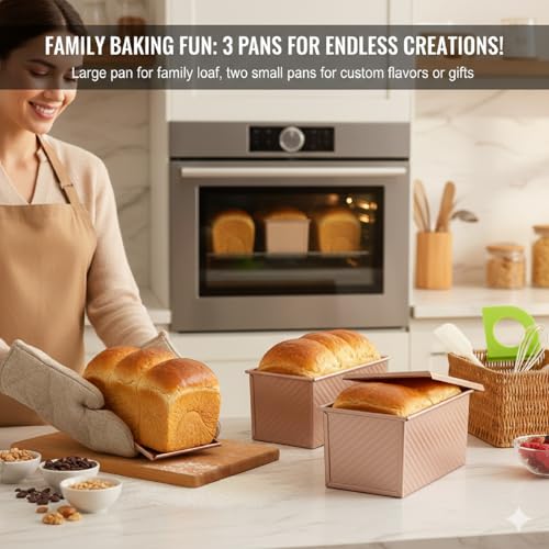 YIWSKJ 3-Pack Bread Pan with Lids, 2.2LB & 1LB & 1LB Dough Capacity, Non-Stick Carbon Steel Pullman Loaf Pan for Baking, Professional Toast Box Mold with Baking Tools - Gold