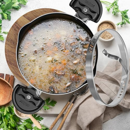 EATEX Pasta Pot with Strainer Lid - 5 Quart Multipurpose Stock Simmer Spaghetti with Strainer - Twist & Lock Handles, Nonstick Ceramic Stainless Steel Tempered Glass Black