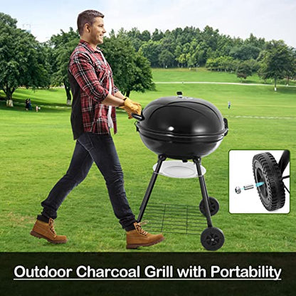 HaSteeL 22-Inch Kettle Charcoal Grill, Portable BBQ Gill with Wheels for Outdoors Barbecue, Camping, Picnic, Backyard, Tailgating, Beach, Storage Rack & 355 SQ.In Cooking Area, Black Porcelain Enamel