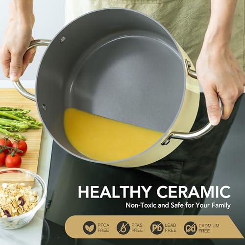 MICHELANGELO Stock Pot with Lid, 6 Quart Soup Pot with Ceramic Coating, Nonstick Ceramic Cooking Pot, Induction Compatible Stockpot - 6QT, Beige