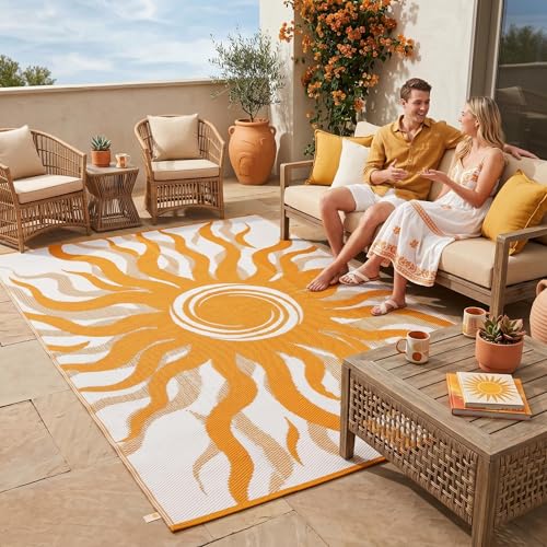 Garvee Outdoor Rug 5x8 Waterproof Patio Rugs with Boho Sun Pattern, Reversible Plastic Straw Camping Rugs Outdoor Indoor RV Mat Carpet for Deck, Backyard, Picnic, Porch, Balcony, Beach, Orange