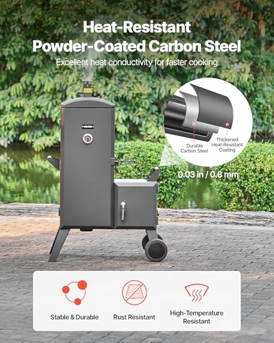 VEVOR Charcoal Offset Smoker, Heavy-Duty Steel BBQ Offset Smoker with Side Firebox, Movable Outdoor Barbecue Smokers with 6 Adjustable Grates, Thermometer & Air Vents for Backyard Patio Party Cooking