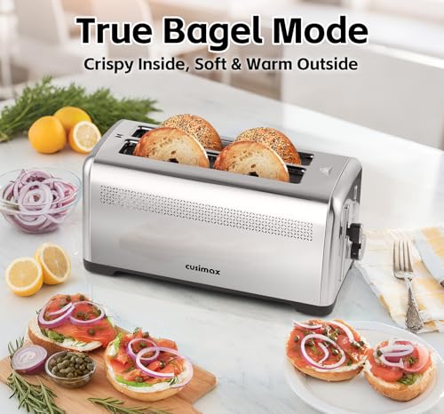 4 Slice Toaster, CUSIMAX Extra-Long Slots for Artisan Bread, Quick Glance Function, 9 Shade Settings, Bagel/Defrost/Cancel Functions, Removable Crumb Tray, Cool-Touch Stainless Steel Body