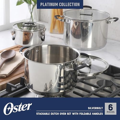 Oster Platinum Silverbolt 6 Piece Stackable Space-Saving Dutch Oven Sauce Pan Cookware Set