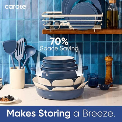 CAROTE 27pcs Ceramic Cookware Set Nonstick, Pots and Pans Set Non Stick, Non Toxic Cookware Detachable Handles, Dishwasher/Oven Safe, RV/Camping Cookware with Kitchen Utensils, Blue