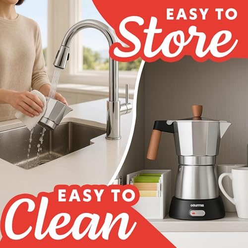 Gourmia Electric Moka Pot Espresso Maker – 6 Shot Italian-Style Coffee Brewer, 550W Detachable 360° Cordless Base, Food-Grade Aluminum, Beechwood Handle