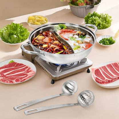 Peohud 304 Stainless Steel Hotpot Pot with Divider, 12 Inches Double-flavor Shabu Shabu Pot with Ladle and Slotted Spoon, Dual Sided Soup Cookware for Induction Cooktop Gas Stove