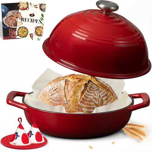 Overmont Enameled Cast Iron Bread Oven - 6QT Bread Dutch Oven for Sourdough Baking - Bread Pot with Dome Lid Cotton Potholders & Cookbook - Multi-Functional Bread Pan For Baking Frying Roasting