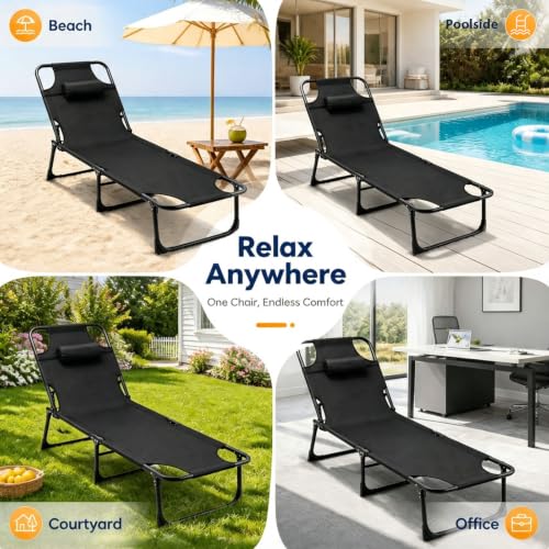 Foldable Camping Cot Reclining Lounge Chair with Pillow, 330 lbs Heavy Duty