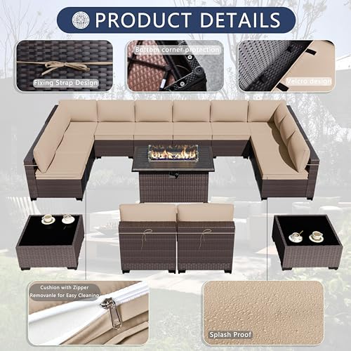 ASJMR Outdoor Patio Furniture Set with Gas Fire Pit Table, 13 Pieces Outdoor Furniture Set Patio Sectional Sofa w/43in 55000 BTU Propane Fire Pit, PE Wicker Rattan Patio Conversation Sets - Brown