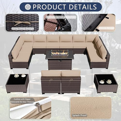 ASJMR Outdoor Patio Furniture Set with Gas Fire Pit Table, 13 Pieces Outdoor Furniture Set Patio Sectional Sofa w/43in 55000 BTU Propane Fire Pit, PE Wicker Rattan Patio Conversation Sets - Brown