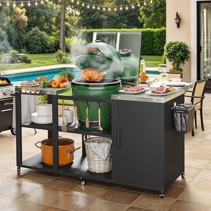 YITAHOME Big Green Egg Grill Table with Removable Stainless Steel Tabletop, Outdoor Kitchen Island with Spice Rack, Paper Towel Holder, and Trash Bag Holder, BBQ Prep Table for Parties