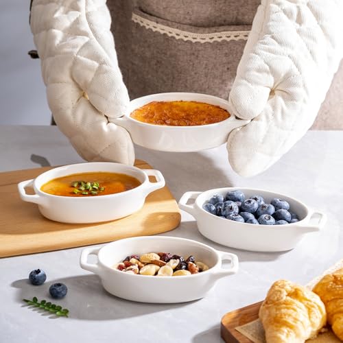 Zaposcca 4-Pack Oval Creme Brulee Ramekins, 4 oz Mini Porcelain Souffle Dish, Ramekins Oven Safe with Double Handles (White)
