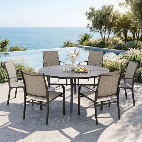 MIXPATIO 7pc Patio Dining Set, 54" Round Metal Table, 6 Textilene Chairs