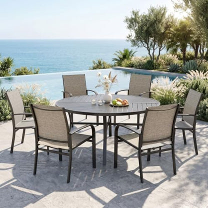 MIXPATIO 7pc Patio Dining Set, 54" Round Metal Table, 6 Textilene Chairs