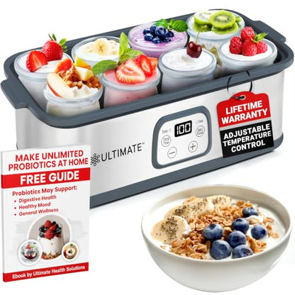 Ultimate Probiotic Yogurt Maker for Easy-to-Make Live Probiotics at Home with Adjustable Time & Temp Control, Best Kitchen Gift for Men & Women's Gut Health, UNLIMITED LIFETIME WARRANTY (8-Jar Model)