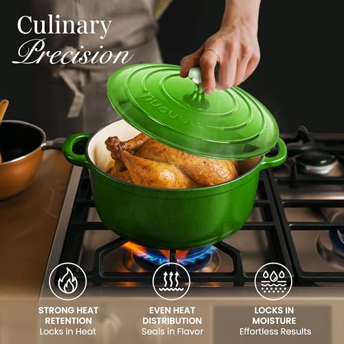 Cast Iron Dutch Oven with Lid - Non-Stick Ovenproof Enamelled Casserole Pot- Sturdy Dutch Oven Cookware - Green, 3.1- Quart, 22cm-by Nuovva