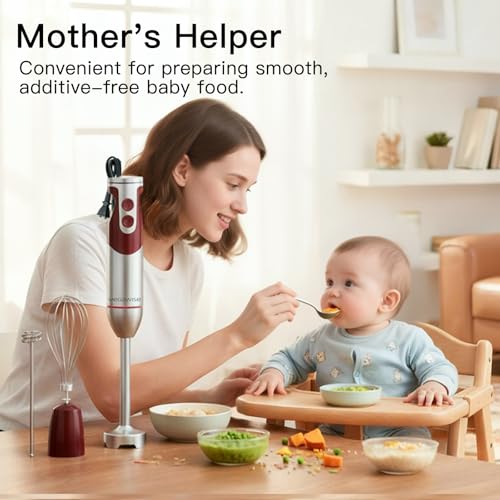 MEGAWISE 3-in-1 Immersion Hand Blender, 800W 12-Speed Stick Blender with Turbo, Egg Whisk & Milk Frother for Soups, Smoothies, Sauces and Baby Food, Red