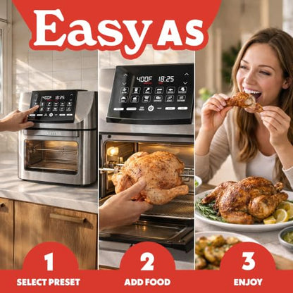 Gourmia Air Fryer - 14 Qt All-in-One Rotisserie Oven with Digital Display, 12 Presets, Roast, Bake, Broil, Dehydrate, Dishwasher Safe Accessories, Stainless Steel