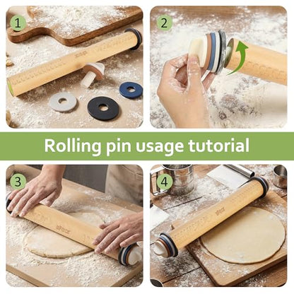 Oiforce Rolling Pin with Adjustable Thickness Rings, Wooden Rolling Pin for Baking, 13.6" Precise Dough Roller for Baking Fondant, Pizza, Pie, Pastry, Pasta, Cookies and More