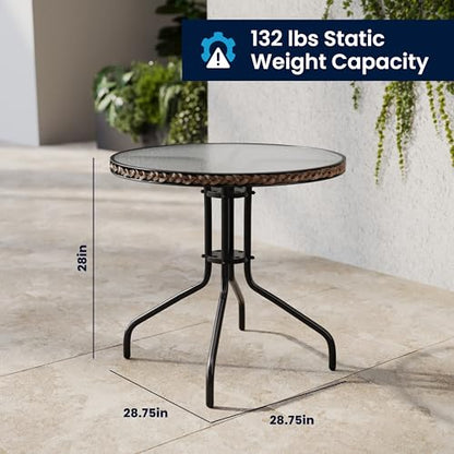 Flash Furniture Lila 28'' Round Glass Metal Table with Dark Brown Rattan Edging and 2 Dark Brown Rattan Stack Chairs