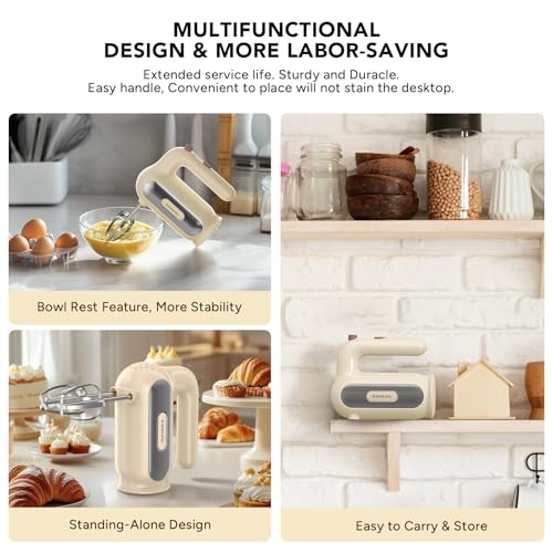 Hand Mixer Electric, 5-Speed Small Handheld Mixer, 2* (Dough Hooks & Beaters) Food Blender, Kitchen Blender for Baking, Cream, Cookies, 304 Dishwasher Safe
