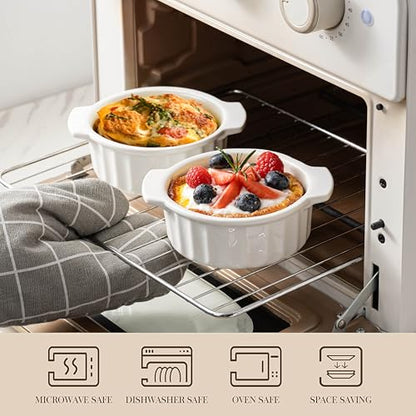12 oz Ramekins Oven Safe, French Onion Soup Bowls with Handles, Ceramic Small Baking Dishes for Crème Brûlée, Soufflé, Pot Pie & Mini Casserole, Set of 4