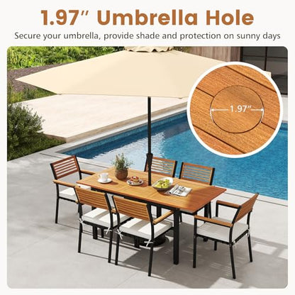 Tangkula 7 Piece Patio Dining Set, Outdoor Acacia Wood Cushioned Chairs and 51”-64” Expandable Rectangular Table Set, with Umbrella Hole, 6 Stackable Armchairs, for Poolside Garden (Off White)