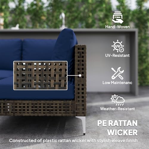 Outsunny 7 Piece Wicker Patio Furniture Set, Modular Outdoor Sectional with Thickened Cushions, Rattan Outdoor Furniture Conversation Set with Slatted Acacia Wood Table for Backyard, Brown/Dark Blue