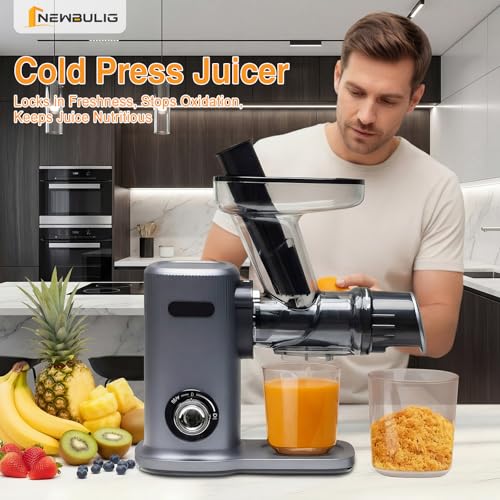 NEWBULIG Cold Press Juicer, Slow Masticating Juicer with 5.9" Large Feed Chute for Whole Vegetables & Fruits, Reverse Function & Dishwasher Safe Parts, High Juice Yield, Silver