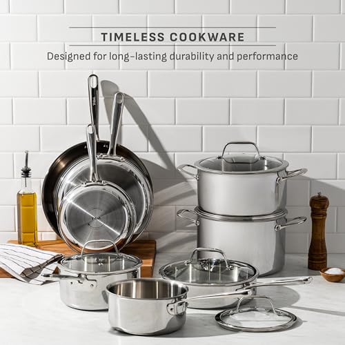 T-fal Pro Tri-Ply Stainless Steel Cookware Set 13 Piece Induction Compatible, Oven Safe 500F, Lids 350F, Fast & Even Heat, Pots and Pans Set, Professional Quality, Kitchen Essentials, Silver