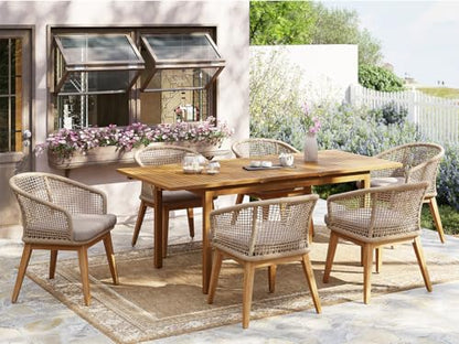 OC Orange-Casual 7-Piece Patio Acacia Wood Dining Set, Extendable Table & Checkerboard Woven Chairs, Outdoor Furniture Set for Garden, Backyard, Deck (Beige)