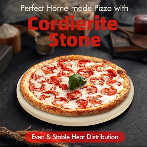 FLYZZA 12.4" Round Pizza Stone, Heavy Duty Cordierite Pizza Pan for Grilling & Pizza Oven, High Temperature Resistant Baking Stone for Pizza, Bread, Meat and More