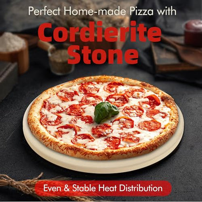 FLYZZA 12.4" Round Pizza Stone, Heavy Duty Cordierite Pizza Pan for Grilling & Pizza Oven, High Temperature Resistant Baking Stone for Pizza, Bread, Meat and More
