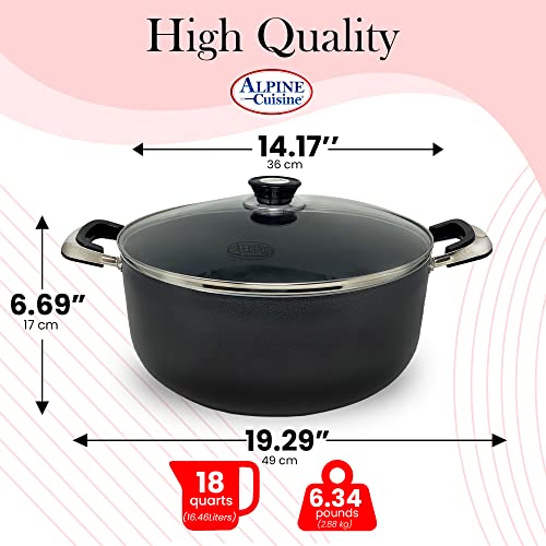 Alpine Cuisine 18 Quart Non-stick Stock Pot with Tempered Glass Lid and Carrying Handles, Multi-Purpose Cookware Aluminum Dutch Oven for Braising, Boiling, Stewing