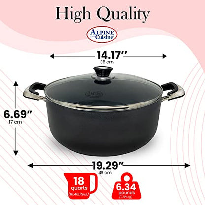 Alpine Cuisine 18 Quart Non-stick Stock Pot with Tempered Glass Lid and Carrying Handles, Multi-Purpose Cookware Aluminum Dutch Oven for Braising, Boiling, Stewing