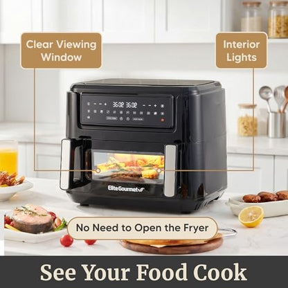 Elite Gourmet Dual Zone Air Fryer Oven 11QT, Dual Basket Air Fryer with Divider, Sync Finish & Sync Cook, PFAS Free Nonstick, 10 Presets, Air Fry Bake Roast Broil Toast Dehydrate, 1600W Black