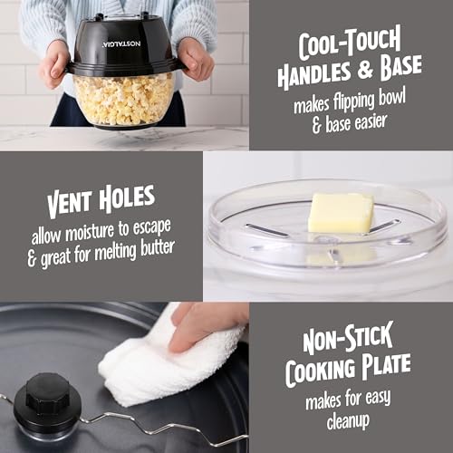 Nostalgia Classic Electric Stirring Popcorn Maker, Makes 8 Cups, Large Lid Doubles as Serving Bowl, Quick Heat Technology, for Kettle Corn and Roasted Nuts, Black