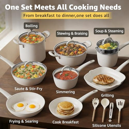 24Pcs Pots and Pans Set Non Stick,Ceramic Cookware Set with 8Qt Stockpot,Titanium-Reinforced Long-Lasting Nonstick,PFAS-Free,Induction Compatible,Complete Kitchen Set for Batch Cooking & Family Meals
