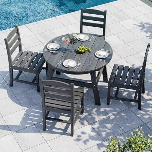PamapicLife 5 Piece Round Outdoor Dining Set, Relaxing HDPE Outdoor Table and Chairs with 105° Ergonomic Backrest, All-Weather Patio Table and Chairs Set with Umbrella Hole for Porch, Poolside, Gray
