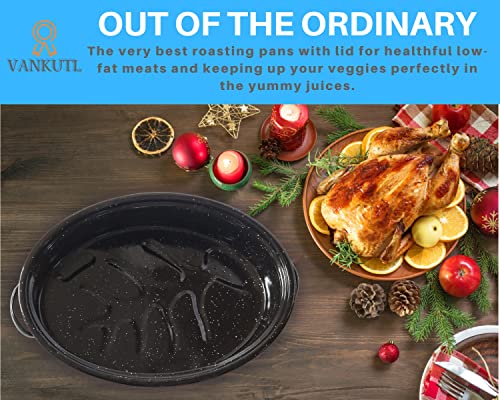 14.6 Inch Roasting Pan with Lid - Covered Oval Roaster - Enamel Carbon Steel Roaster Pot - Excellent Heat Distribution and Non-sticky - for Turkey Chicken Meat & Vegetables -Birthday and Holiday gift