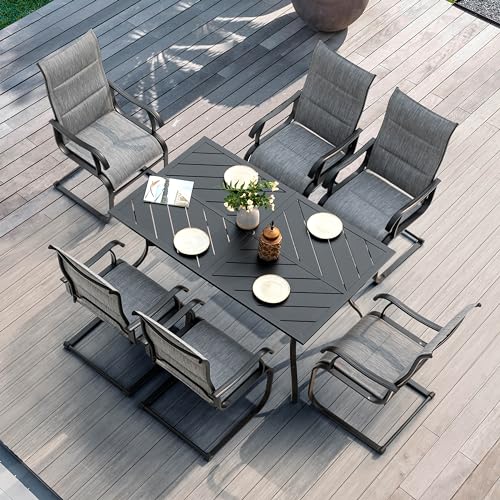NUU GARDEN 7 Piece Outdoor Dining Set, 6 All Weather Padded Textilene Patio Chairs and 61" Rectangular Dining Table with 1.77" Umbrella Hole, for Garden, Patio, Light Grey and Black