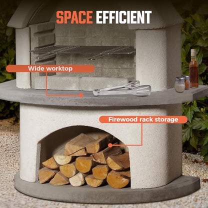 BIG HORN PRIME Concrete Outdoor Fireplace with Grill, Wood Burning Fireplace with Wood Storage and Chimney, Include Grill Rack & Charcoal Pan, 79.9”H