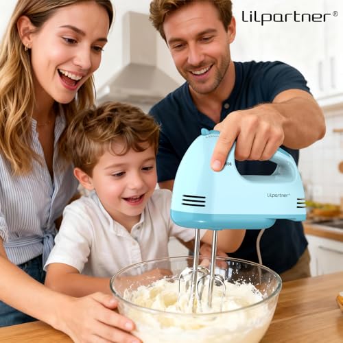 LILPARTNER Hand Mixer Electric, Ultra Power Kitchen Hand Mixer With 7-Speed & 5 Stainless Steel Accessories for Whipping Dough, Cream, Cake, Dishwasher Safe, Light Blue