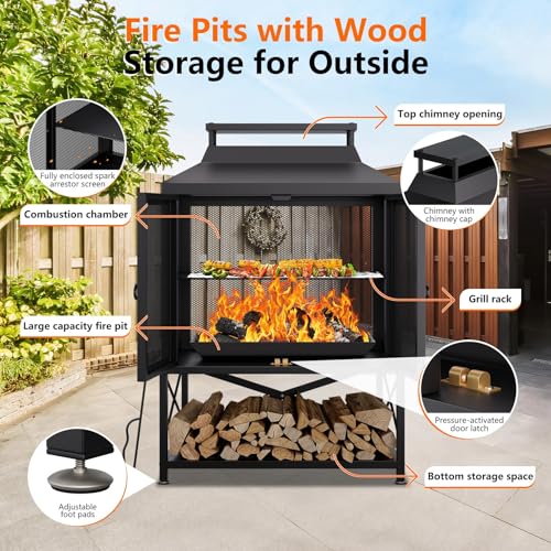 2-in-1 Metal Chiminea Fireplace with Grill,Wood Burning Outdoor Fireplace with Wood Storage, Chimney,Metal Mesh Spark Screen,and Fire Tongs Ideal for Yards,Patios, Gardens,Camping,and Picnics