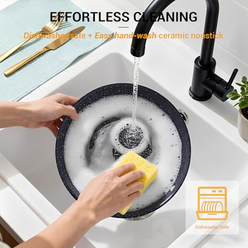 Ammeloo 21 Pcs Pots and Pans Set Non Stick, Ceramic Kitchen Cookware Set with Detachable Handle, Non Toxic Cooking Set for Kitchen, RV, Camping and Fridge, Induction Ready, Dishwasher/Oven Safe, Black