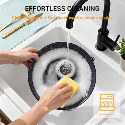 Ammeloo 21 Pcs Pots and Pans Set Non Stick, Ceramic Kitchen Cookware Set with Detachable Handle, Non Toxic Cooking Set for Kitchen, RV, Camping and Fridge, Induction Ready, Dishwasher/Oven Safe, Black