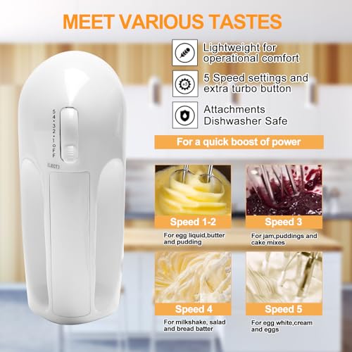 WEPSEN 5-Speed Electric Hand Mixer, 4 Large Mixing Bowls Set, Handheld Mixers with Whisks Beater, Stainless Steel Metal Nesting Bowl Measuring Cups Spoons Kitchen Cake Blender for Baking Supplies